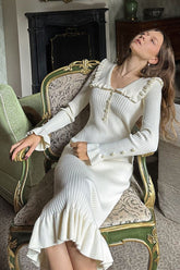 Französisches Peter-Pan-Kragen-Halbknopf-Rüschen-Langarm-Pullover-Midikleid - Creme